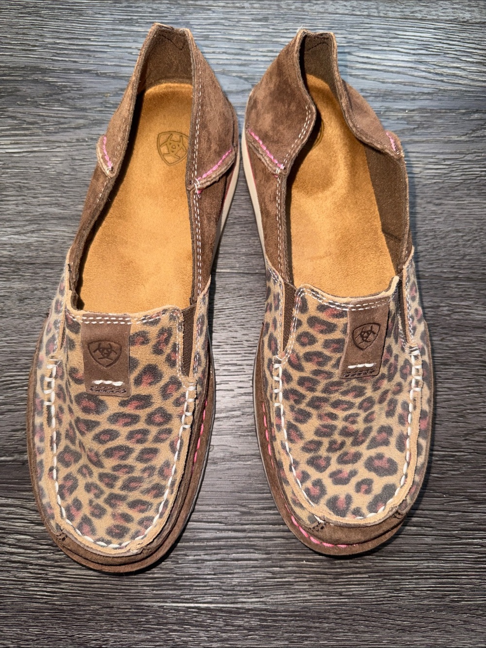 Ariat Brown and Leopard Print Slip-On Moccasins 8.5